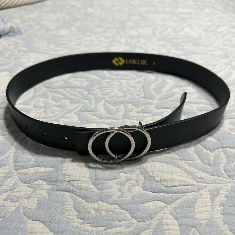 Loklik Black Faux Leather Double O-Ring Buckle Belt Silver Hardware B10820-4